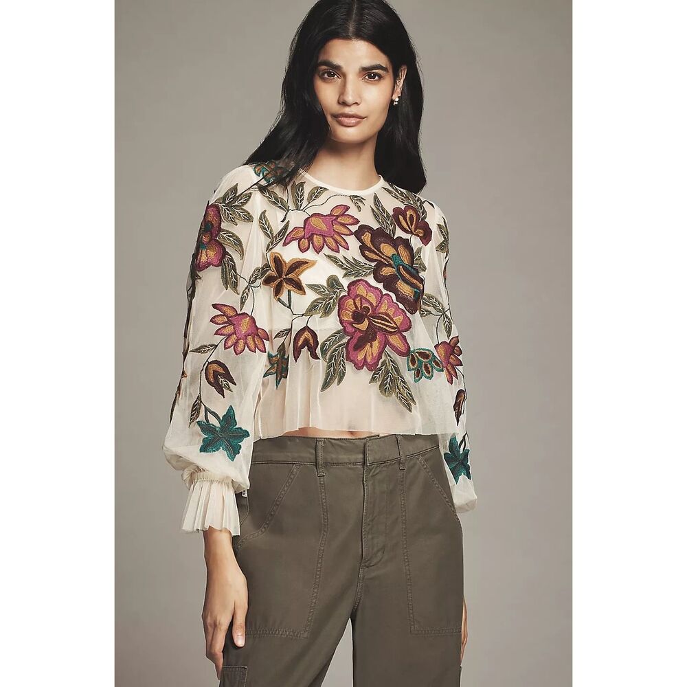 Anthropologie The Layla Long-Sleeve Appliqué Mesh Blouse Size S
